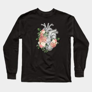 Human heart with pink and white roses, pink flowers Long Sleeve T-Shirt